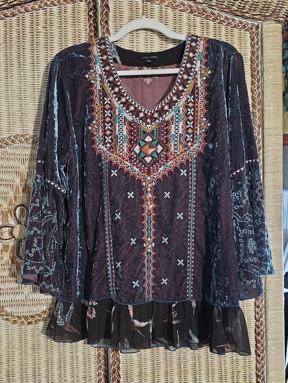 John Mark Plum Velvet Tunic with Multicolor Embroidery